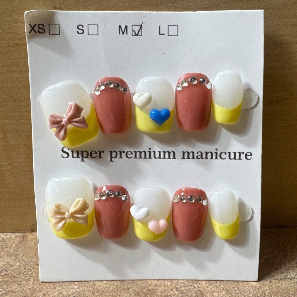 Super Premium Manicure Press On Nails Medium Yellow Coral Bow‎ Heart Rhinestone